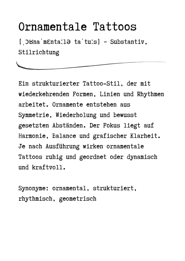 Beispielhafte Stilbeschreibung für ornamentale Tattoos anhand eines Wanna-Do-Motivs mit symmetrischen Linien und rhythmischen Formen.