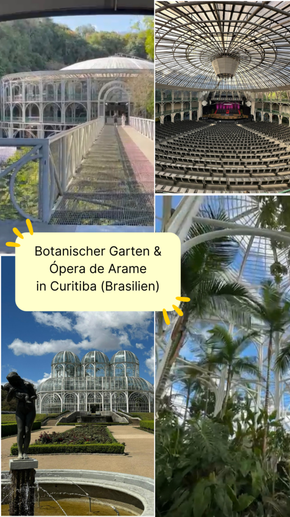 Botanischer Garten in Curitiba mit Glasgewächshaus, umgeben von Grün und tropischer Vegetation