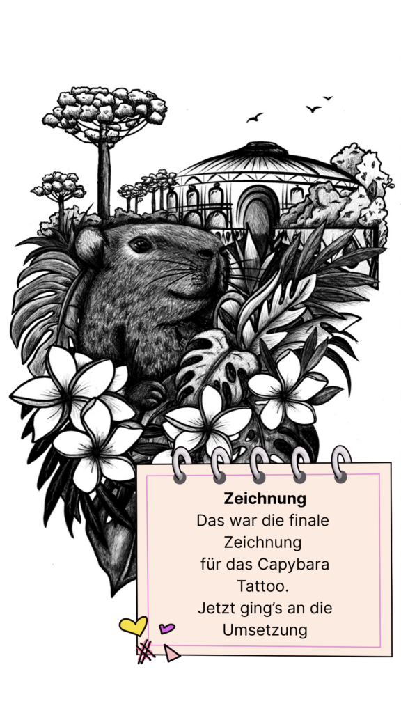 Handgezeichnete Tattoo-Skizze mit Capybara, Pflanzen und architektonischen Elementen