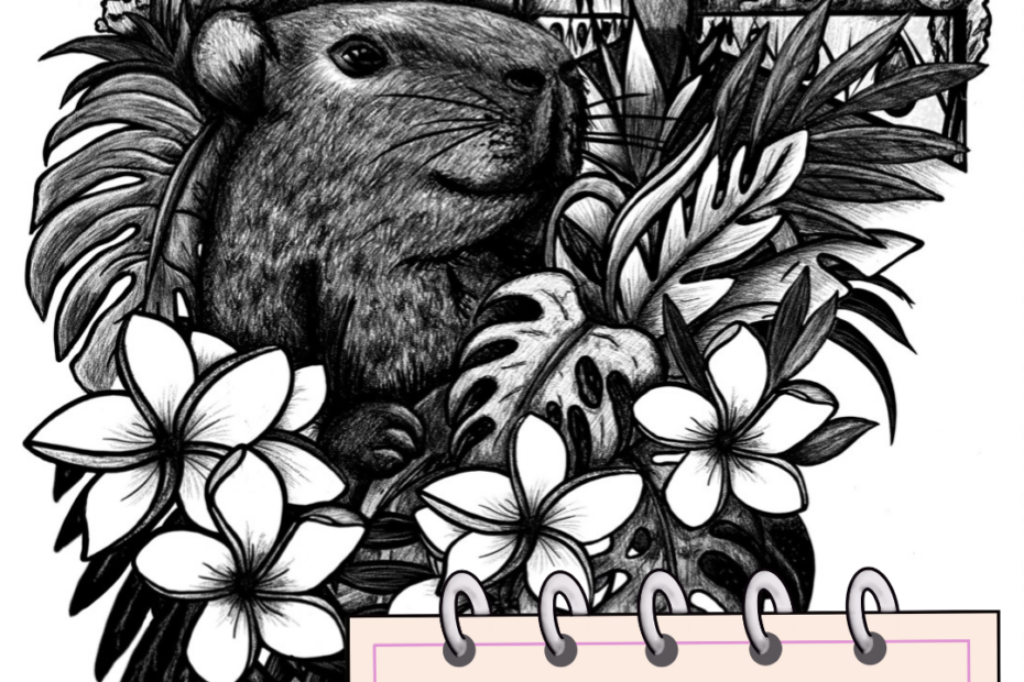 Handgezeichnete Tattoo-Skizze mit Capybara, Pflanzen und architektonischen Elementen