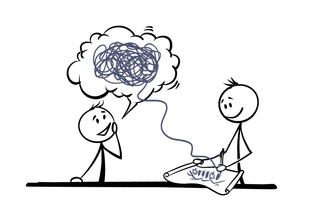 Comic: Kunde hat eine Tattoo-Idee im Kopf, Artist überträgt sie als Entwurf