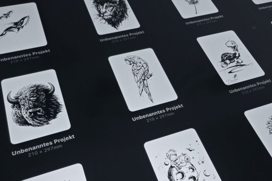 Tablet mit digitalen Tattoo-Entwürfen und Wanna-Do-Motiven, vorbereitet für zukünftige Tattoo-Projekte