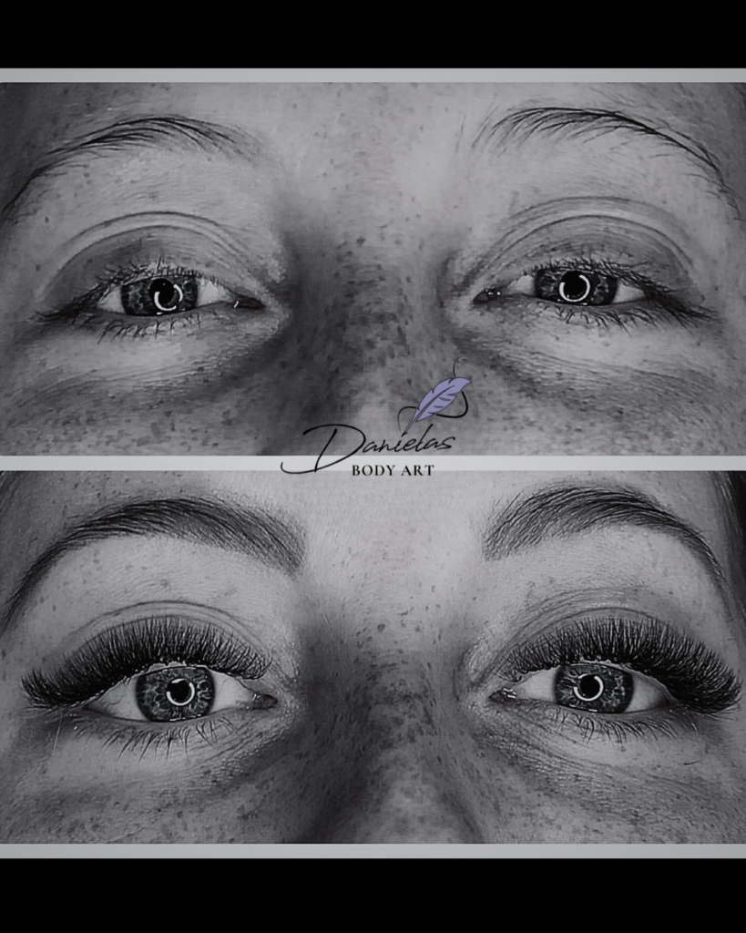 Vorher Nachher vergleich einer Wimpernverlängerung in schwarz weiß