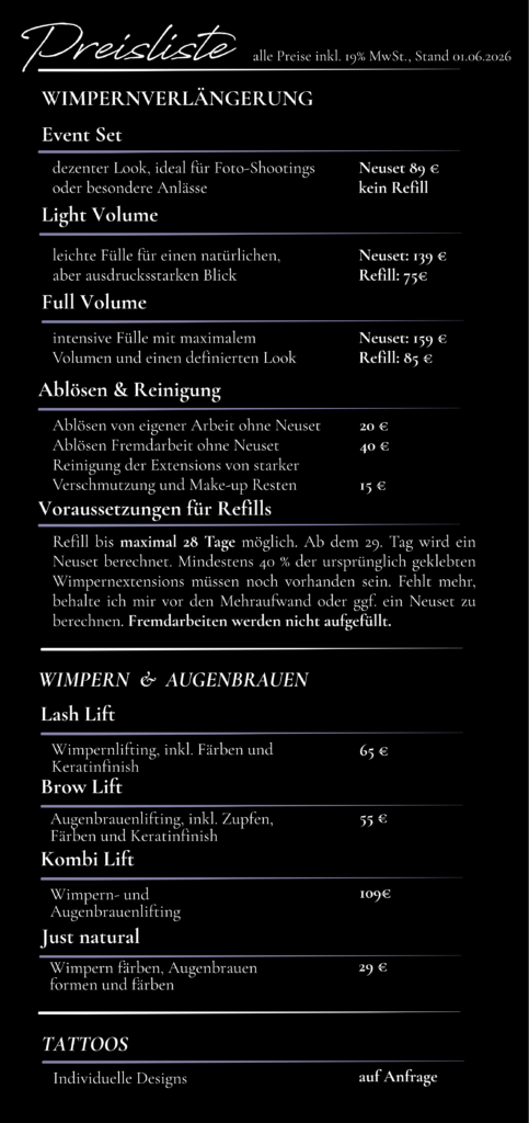 Preisliste von Danielas BodyArt mit Angeboten für Wimpernverlängerung, Lashlifting und weitere Beauty-Services in Neuweiler bei Calw. Modernes schwarz-weißes Design mit klar strukturierter Übersicht der Leistungen und Preise.