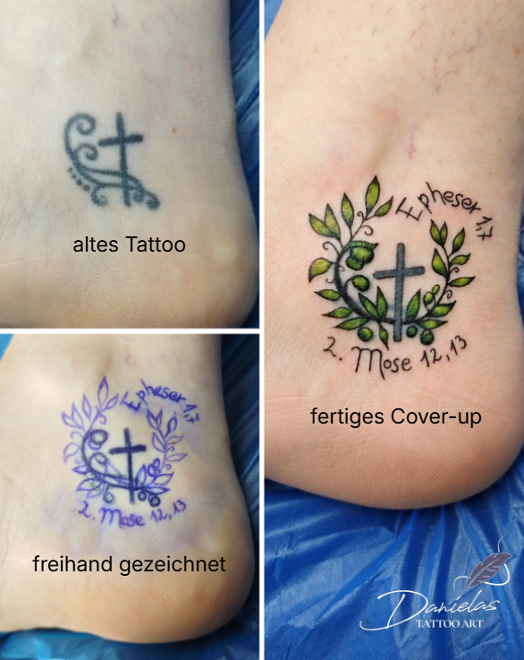 Vorher / Prozess / Nachher Bild eines Cover up an der Innenseite eines Fussknöchels